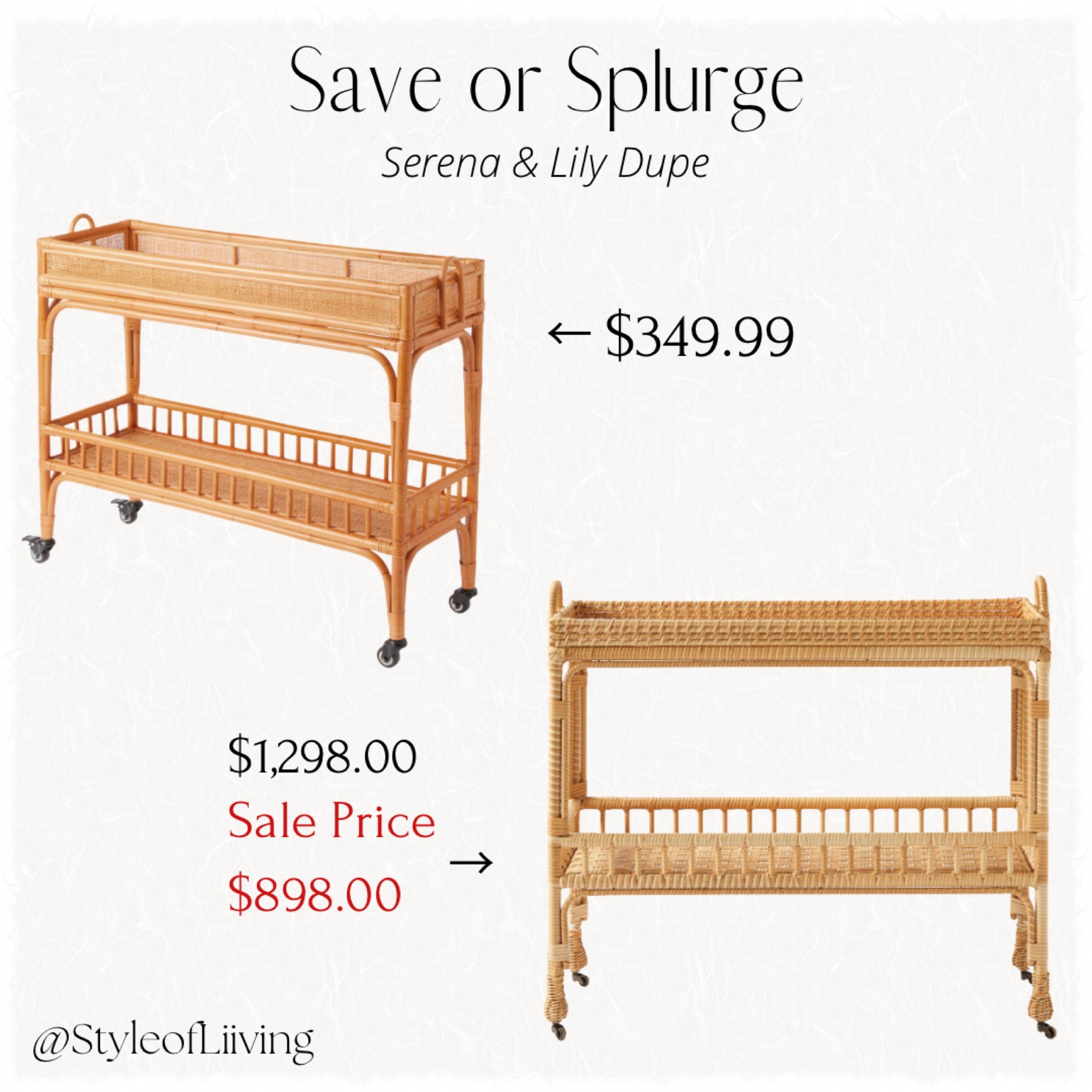 Save or Splurge! Serena & Lily captiva bar cart currently on sale! Comes in a light dune or driftwood white color. Made of resin and has wheels. World market sienna rattan 2 tier bar cart with wheels. Rich sienna finish.

#LTKstyletip #LTKhome #LTKsalealert