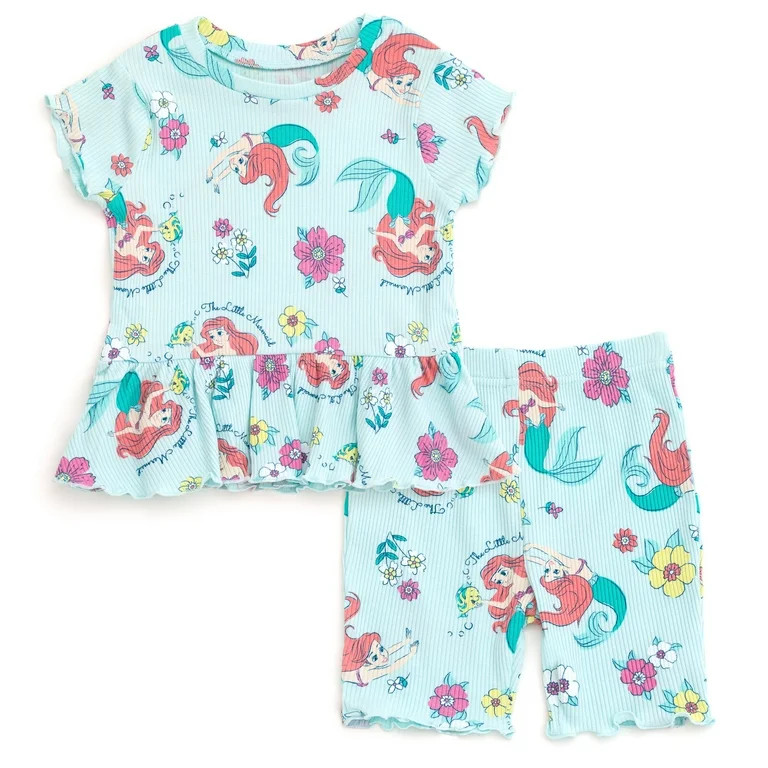 Disney Princess Little Mermaid Ariel Ribbed Peplum T-Shirt and Shorts Outfit Set Newborn to Littl... | Walmart (US)