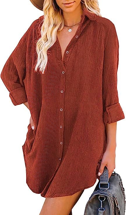 Astylish Women Casual Long Sleeve Button Down Oversized Corduroy Shirt Dress with Pocket | Amazon (US)