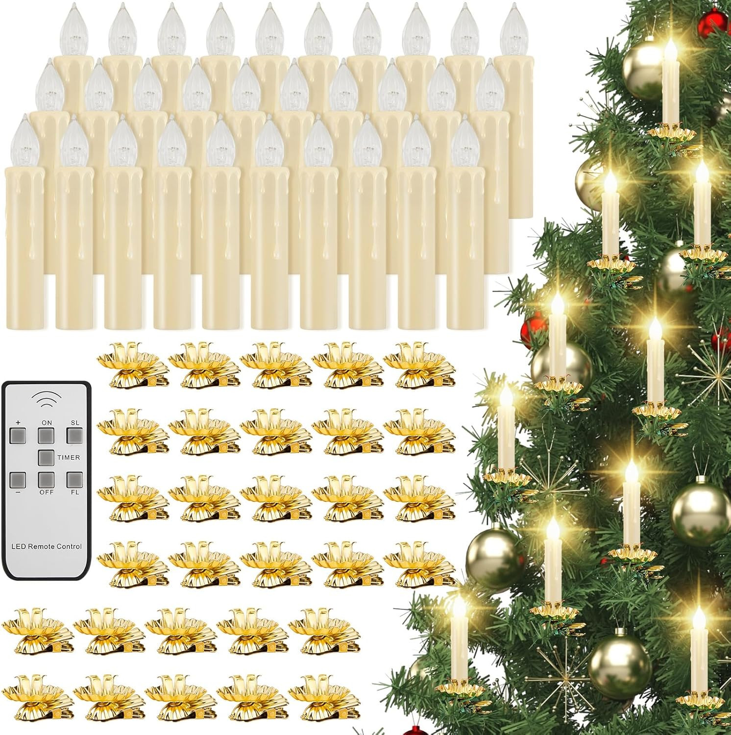 60 Pcs LED Christmas Tree Candles Set 30 Christmas LED Taper Flameless Candles with Remote Timer ... | Amazon (US)