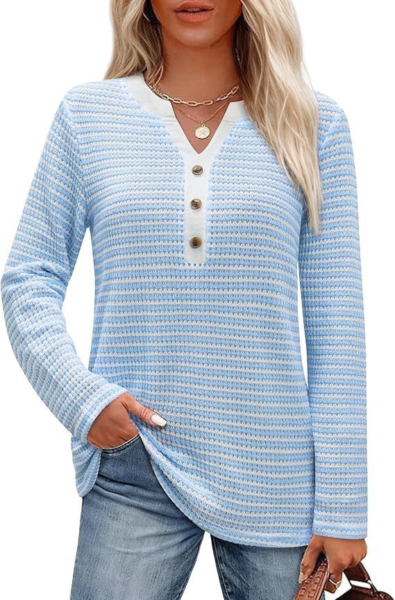 Striped Long Sleeve Shirt Women Waffle Knit Tops V Neck Shirts Womens Blouses Basics Clothing Cru... | Amazon (US)