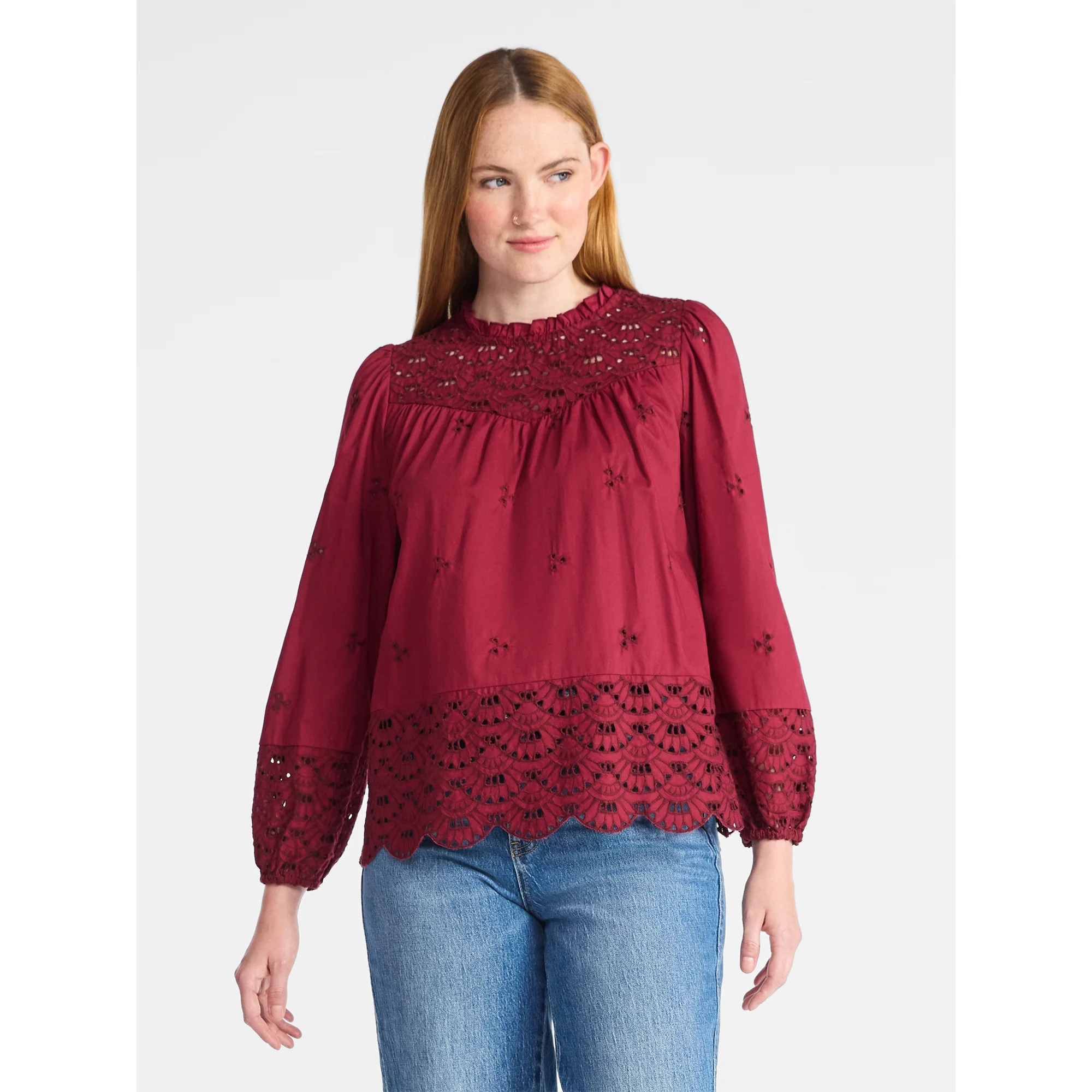 Time and Tru Women's Cotton Eyelet Blouse with Long Sleeves, Sizes XS-XXXL | Walmart (US)