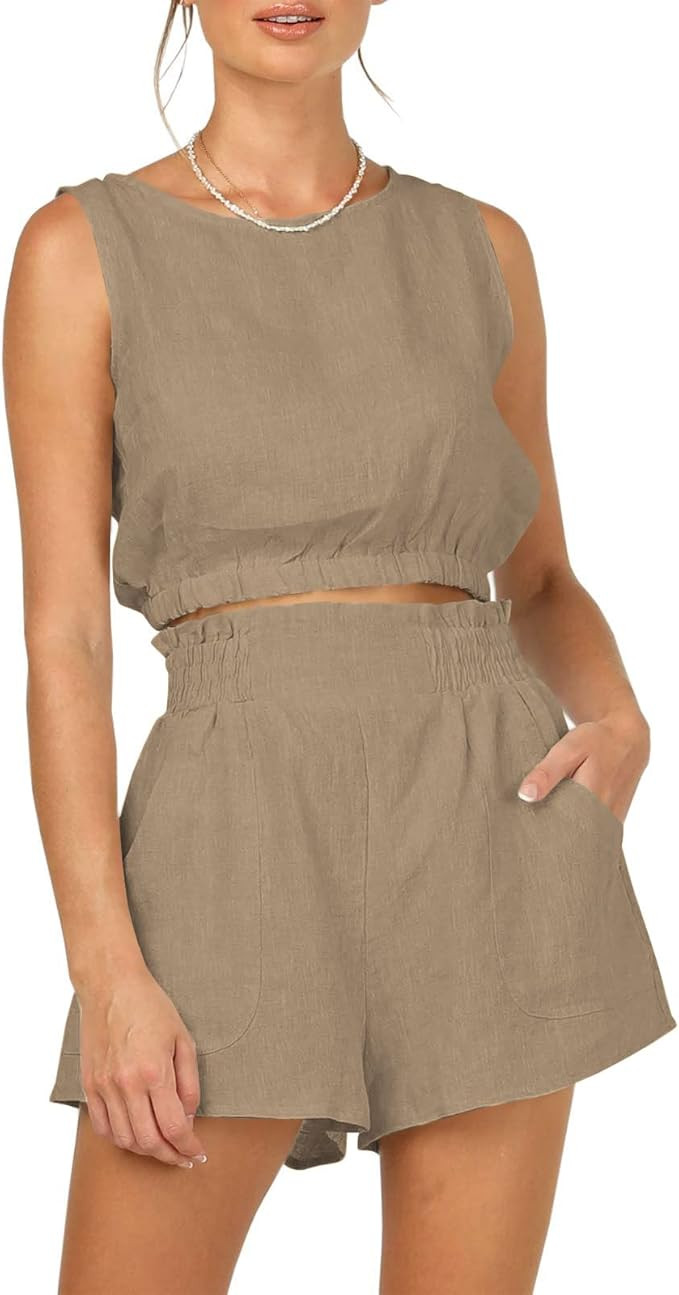 AUTOMET Women’s Summer 2 Piece Outfits Shorts Sets Sleeveless Round Neck Crop Top Tank and High... | Amazon (US)