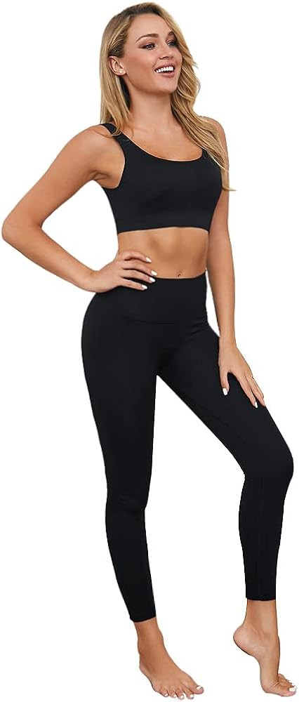 Jetjoy Exercise Outfits for Women 2 Pieces Ribbed Seamless Yoga Outfits Sports Bra and Leggings Set  | Amazon (US)