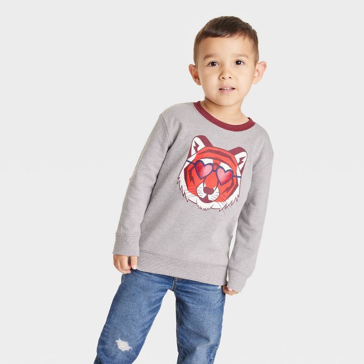 Toddler Boys' Valentine's Day Tiger French Terry Crewneck Shirt - Cat & Jack™ Gray | Target
