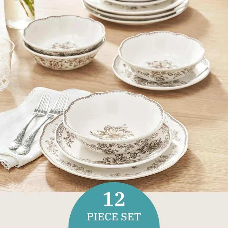 The Pioneer Woman Agatha 12-Piece Stoneware Dinnerware Set, Brown | Walmart (US)