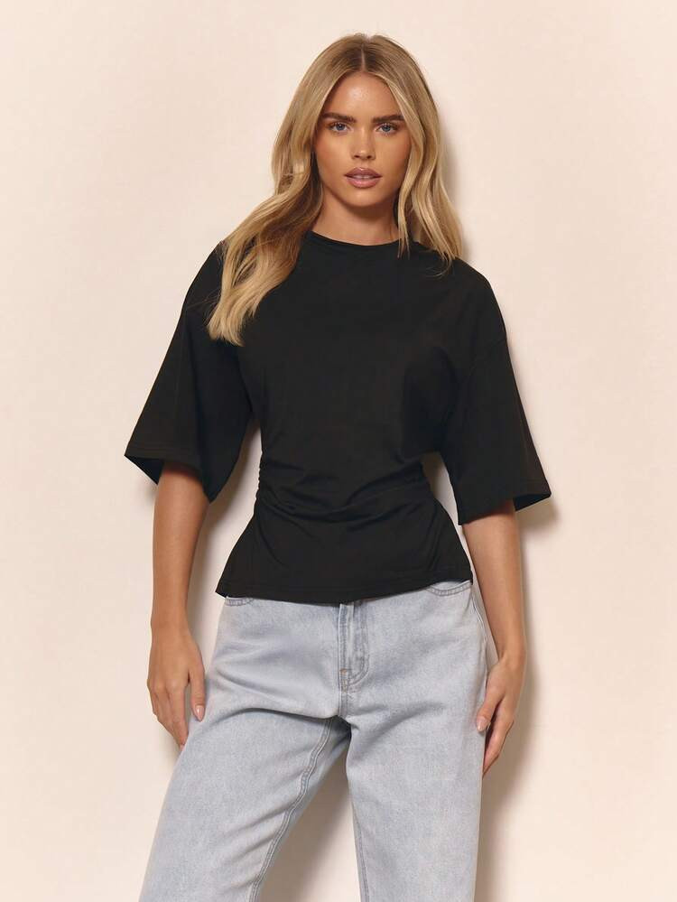 MUSERA Cinched Waist Ruched T-Shirt Casual Vacation Capsule Wardrobe Everyday Oversized Tee Airport Holiday  Spring Summer Spring | SHEIN