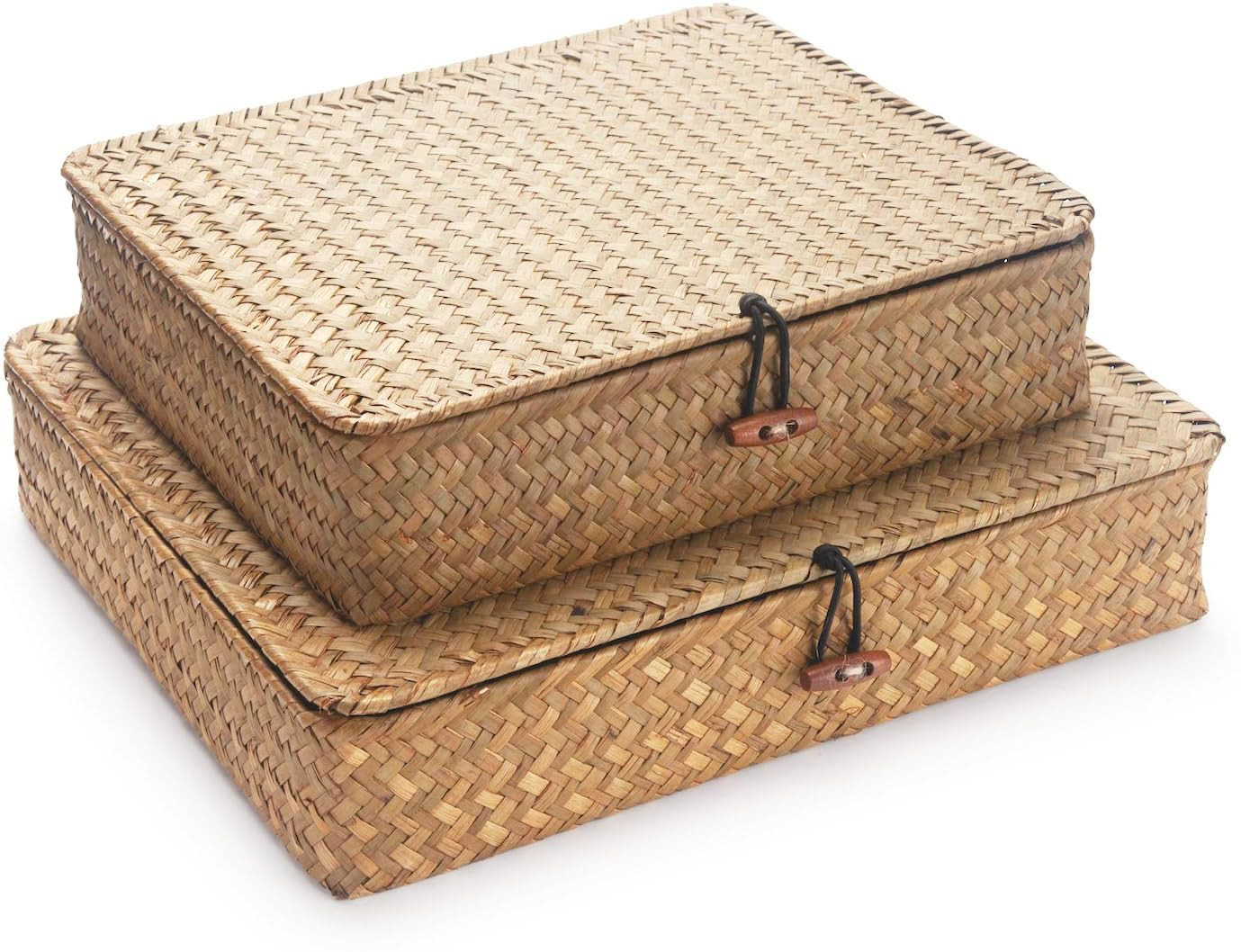 Seagrass Storage Baskets with Lid, Flat Wicker Basket, Rattan Storage Bins, Shallow Woven Basket ... | Amazon (UK)