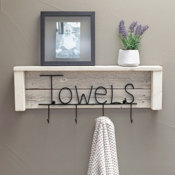 Towels Rack with Shelf on Reclaimed Wood - Whitewash | Etsy (US)