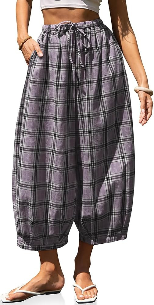 TARSE Women's Plaid Cotton Linen Wide Leg Pants with Pockets | Amazon (US)