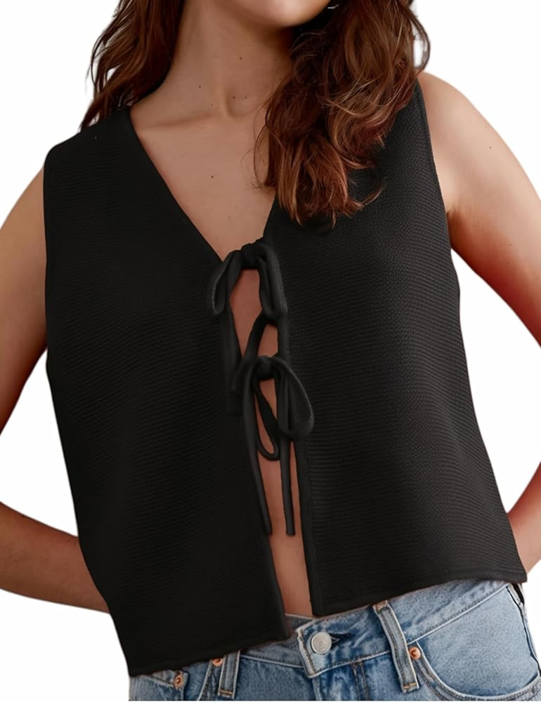 Women's Tie Knit Vest Crochet Sleeveless Open Front Cardigan Sweater Vest Top | Amazon (US)
