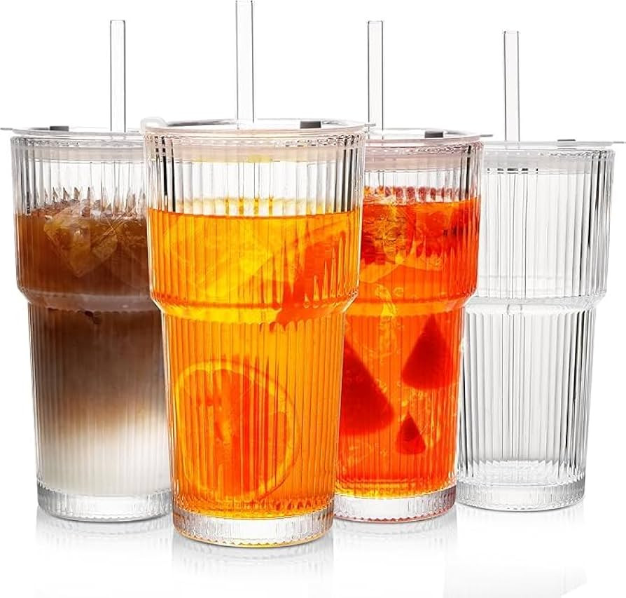 20oz Ribbed Glass Tumblers with Lids and Straws-Set of 4， Iced Coffee Cups Glass with Lids Leak... | Amazon (US)
