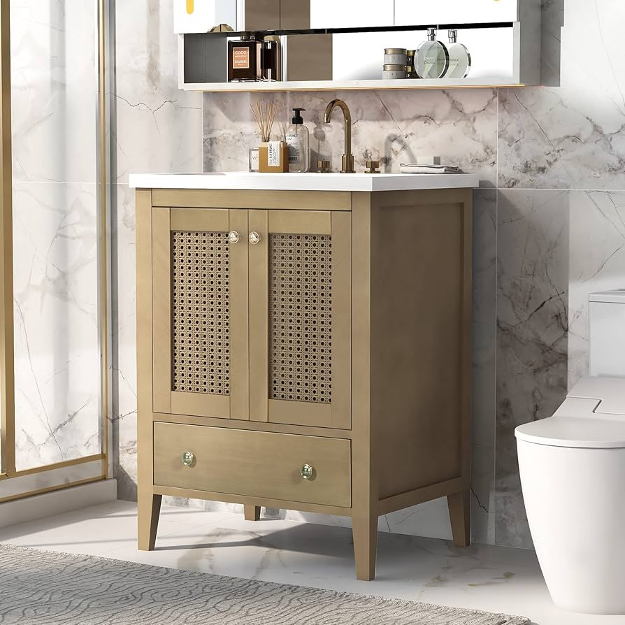 Merax, Natural 24 Inch Bathroom Vanity with Sink Small Cabinet with Rattan Doors and Drawer, Coun... | Amazon (US)
