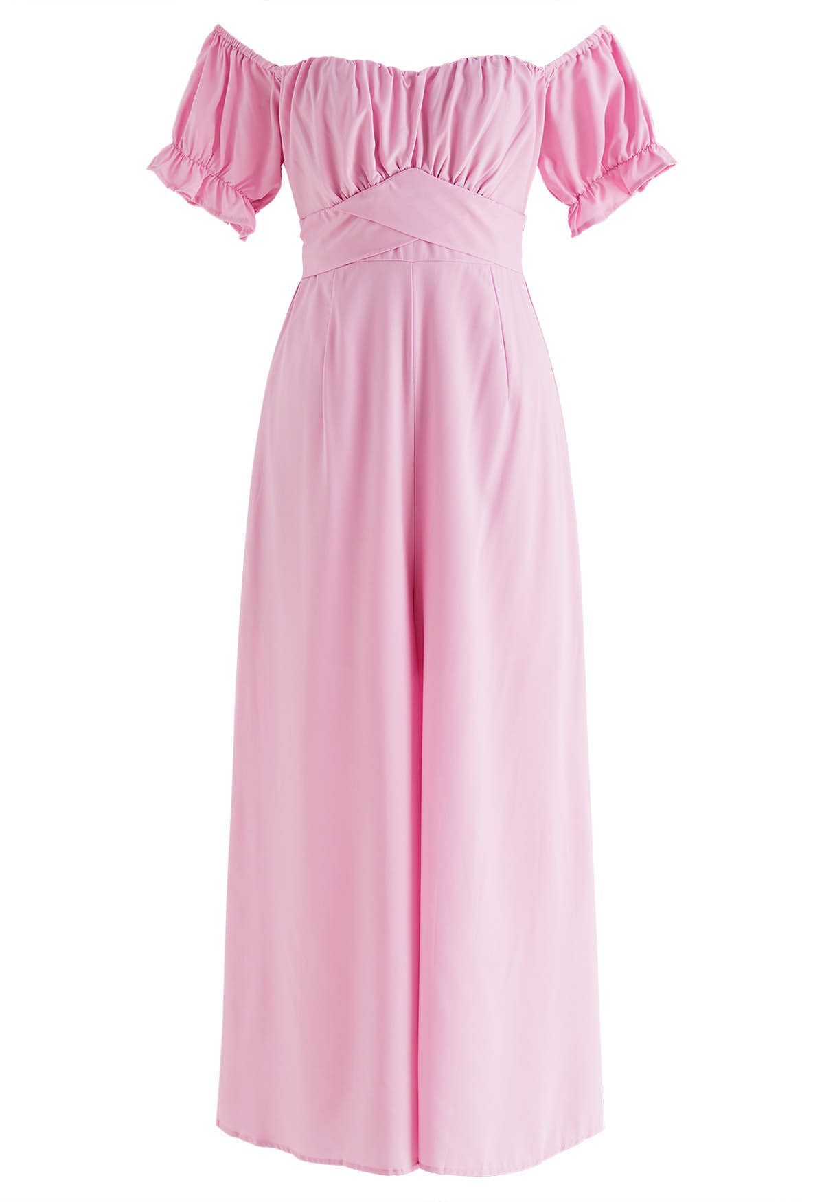Breezy Off-Shoulder Tie Back Crop Jumpsuit in Pink | Chicwish