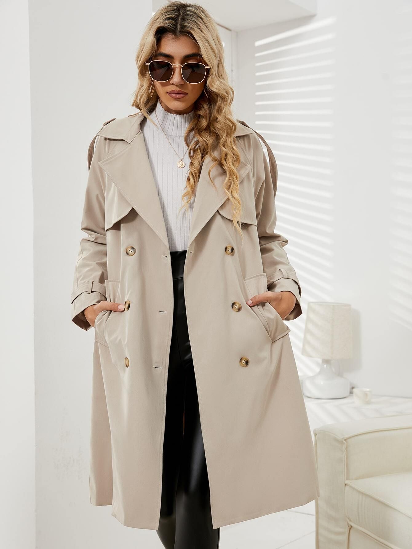 Raglan Sleeve Double Breasted Belted Trench Coat | SHEIN