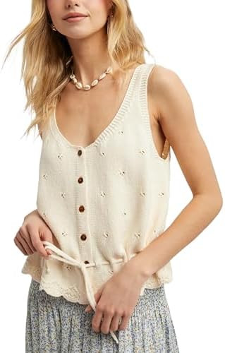 Bianstore Womens Crochet Tank Tops Summer Sleeveless V Neck Button Down Ruffle Hem Tie Waist Knit... | Amazon (US)