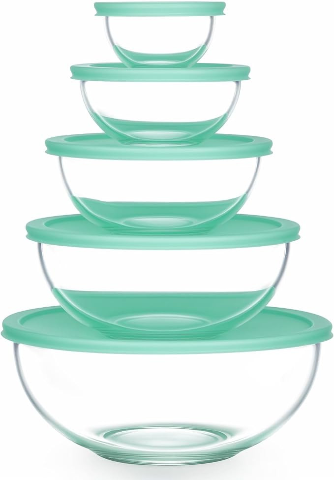 Vtopmart 5 Pack Glass Mixing Bowls with Plastic Lids Set (3.75/2.1/1.1/0.5/0.2 QT), Salad Bowl Se... | Amazon (US)