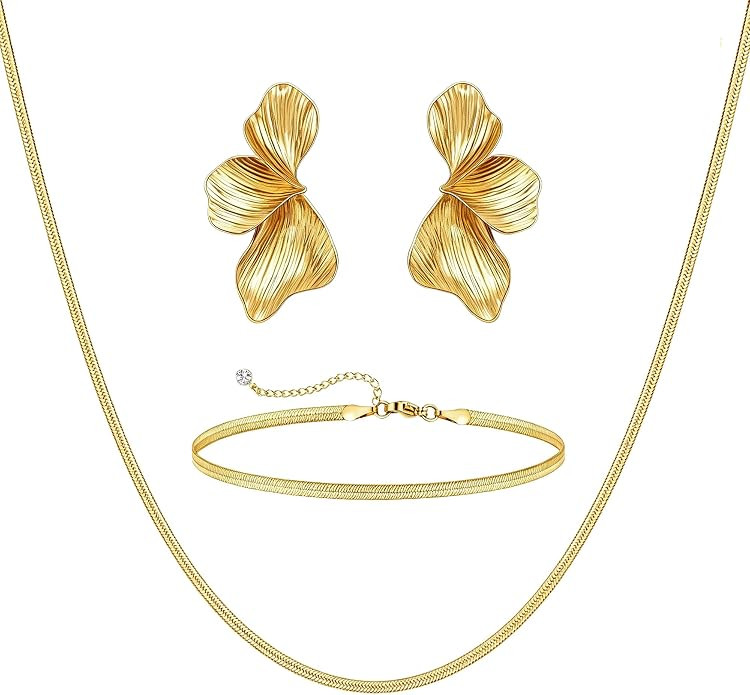 Chunky Gold Statement Earrings For Women Trendy Gold Plated Sectored Flower Leaf Angel Wing Earri... | Amazon (US)