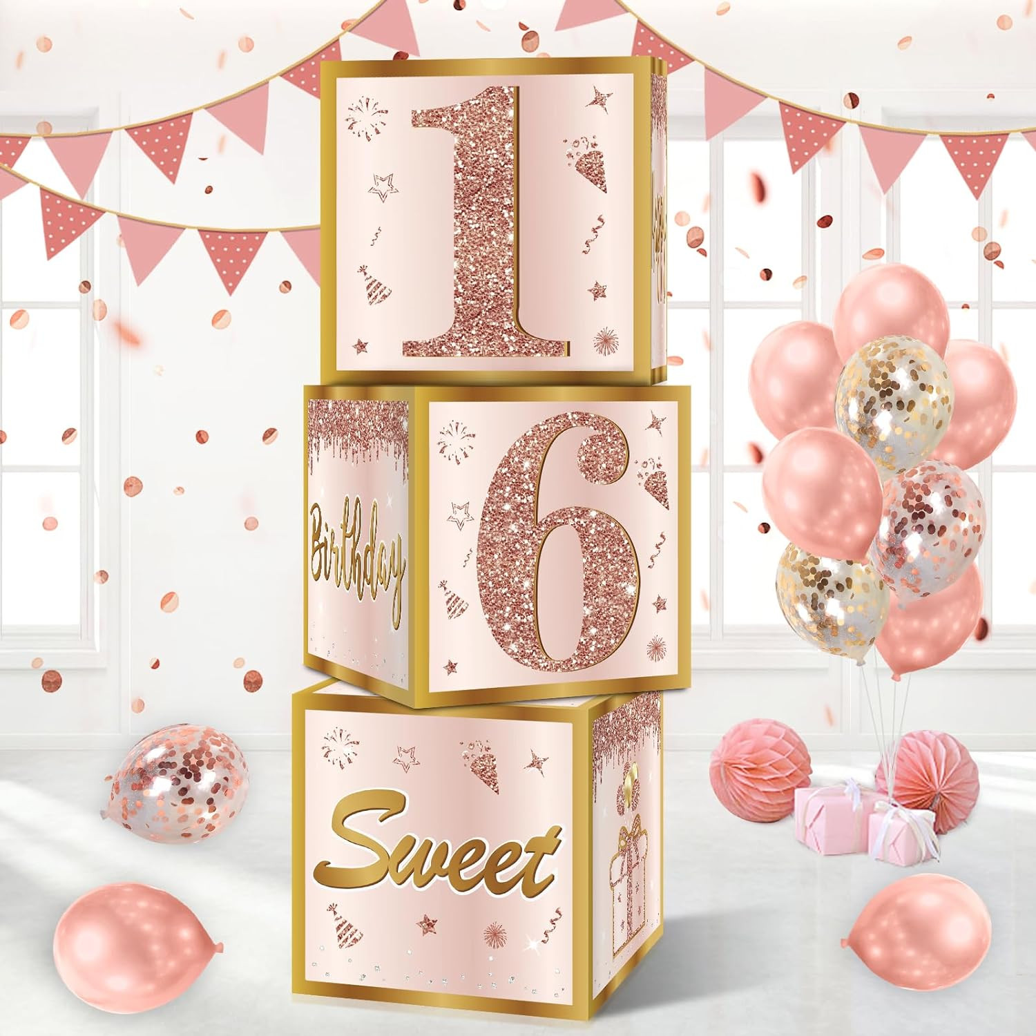 Guiruiy 3Pcs 16th Birthday Decorations Boxes for Girls Women, Pink Rose Gold Sweet 16 Birthday Ba... | Amazon (US)