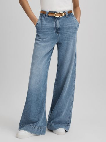 Reiss Light Blue Olivia Wide Leg Contrast Stitch Jeans | Reiss UK
