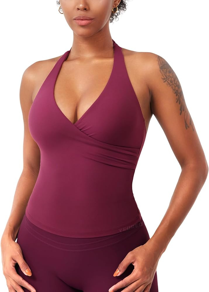 YEOREO Womens Halter Tank Tops Workout Impact Longline Strappy Top Padded Deep V Neck Wrap Gym Ba... | Amazon (US)