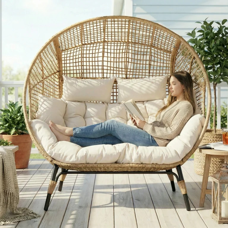 RADIATA Double Egg Chair for 2 Person, Oversized Wicker Loveseat with Thick Cushions, 680 lbs Cap... | Walmart (US)