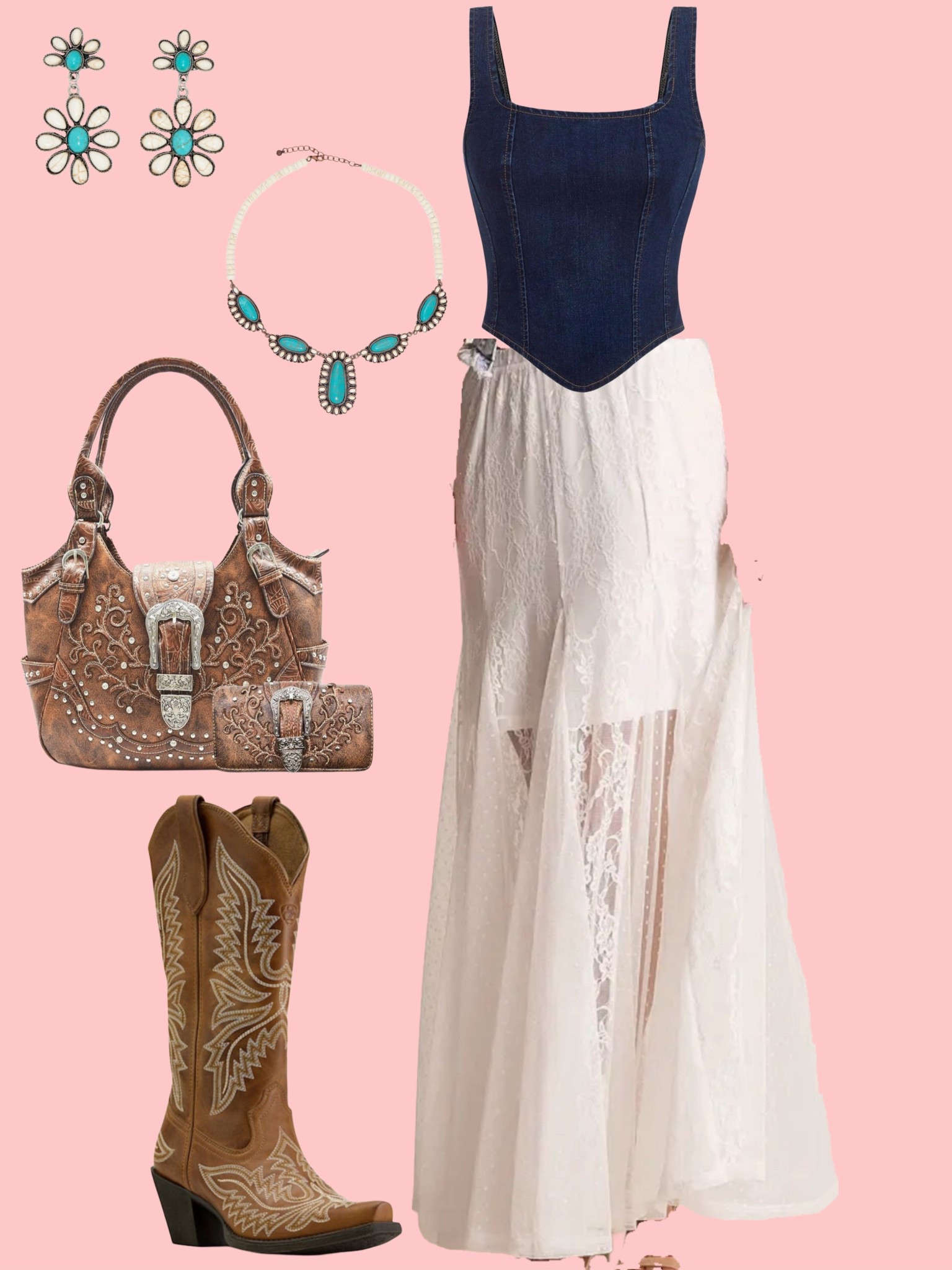 White lace maxi skirt and dark wash denim top! Paired with western accessories 

#LTKootd #LTKgrwm #LTKSeasonal