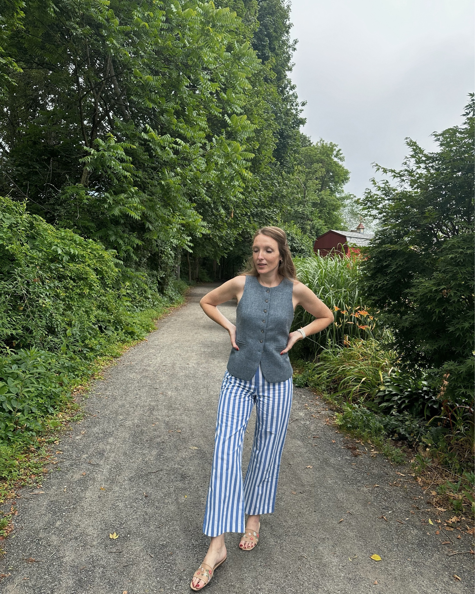 bold stripes, floral slides, and a semi-buttoned vest 🫐 this is my summer of Sezane 🇫🇷  (well, shoes are Target cause it’s all about the balance) 🎯 

#LTKShoeCrush #LTKStyleTip #LTKSeasonal
