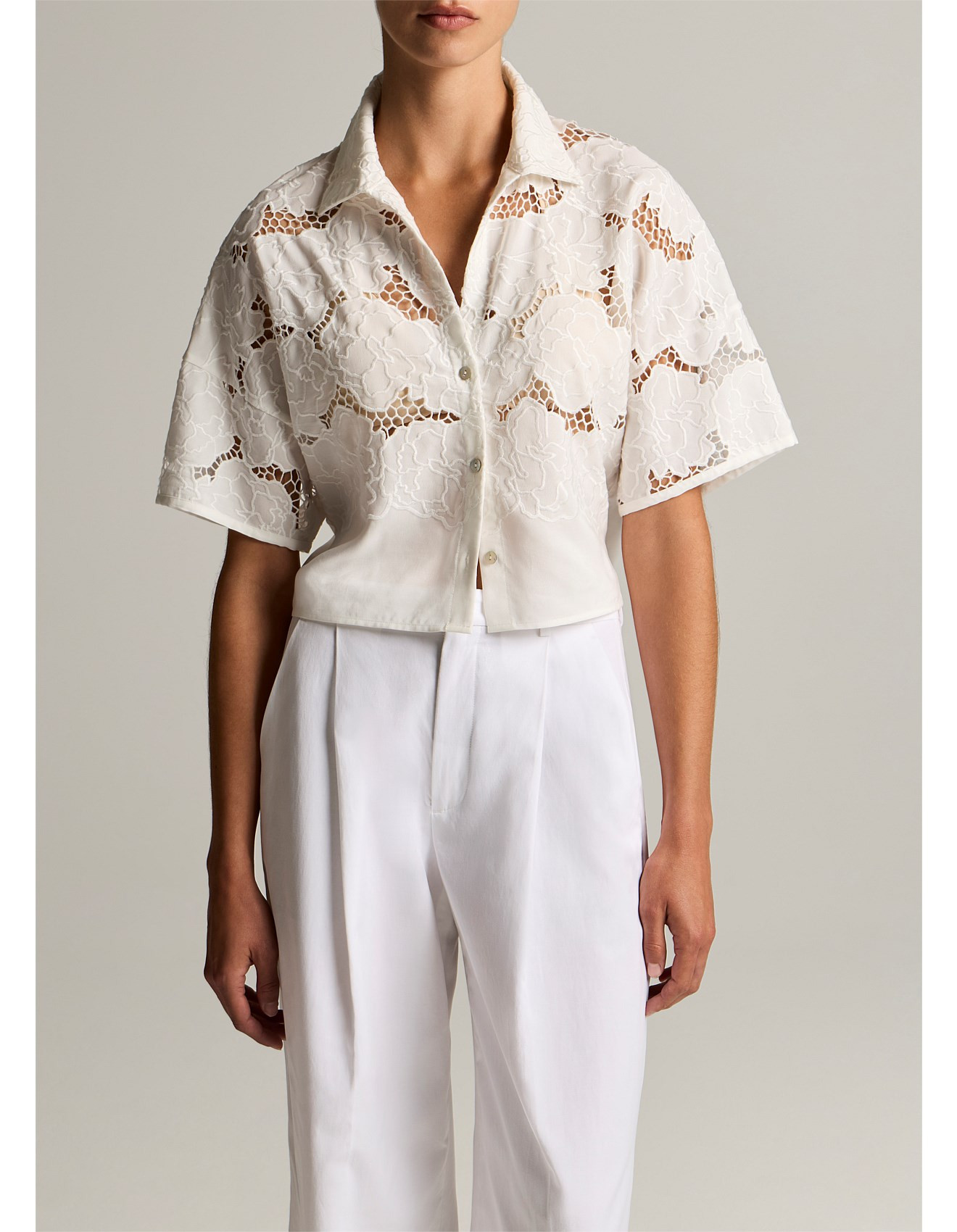 Tencel Lace Short Sleeve Cropped Shirt | David Jones (Australia & New Zealand)