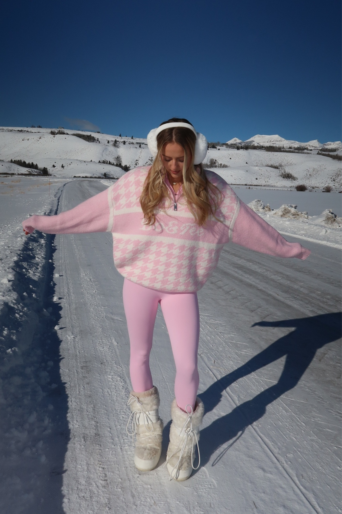 Pink Snow Bunny🎀❄️🐰 Sweater is Bo+Tee, bodysuit & earmuffs are Amazon,  and white Moon Boots

#LTKStyleTip #LTKTravel