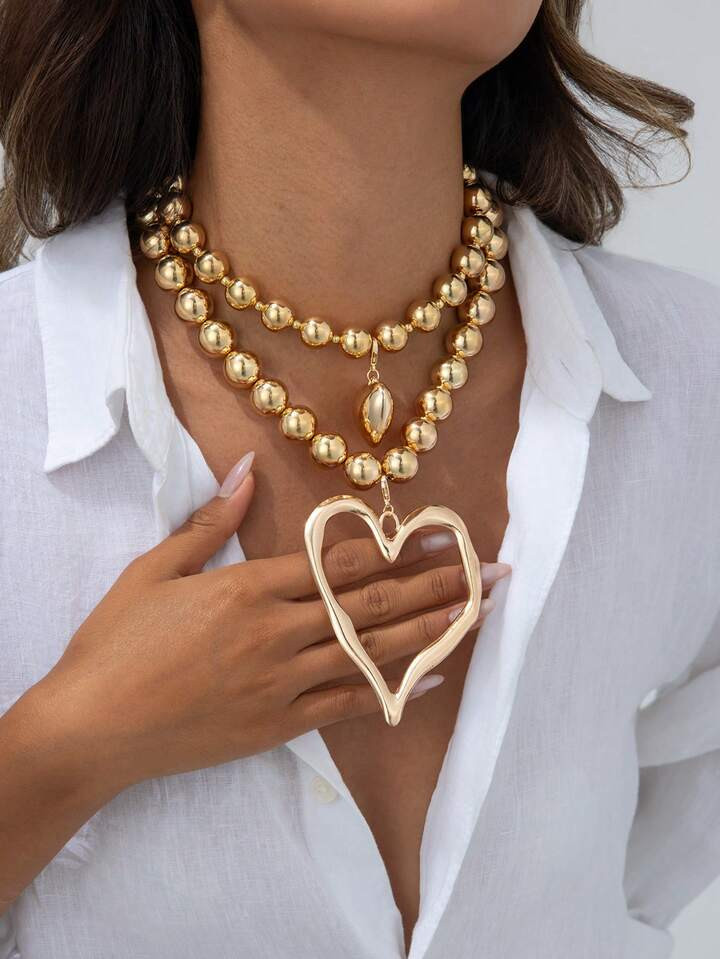 2pcs/Set Bohemian Style Exaggerated Beaded Heart Pendant Necklace, Luxury Fashion Statement Jewel... | SHEIN