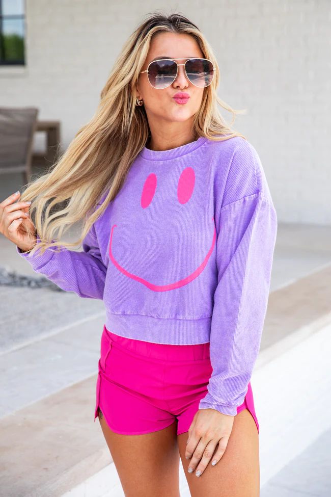 Drawn Smiley Purple Acid Wash Cropped Corded Graphic Sweatshirt DOORBUSTER | Pink Lily