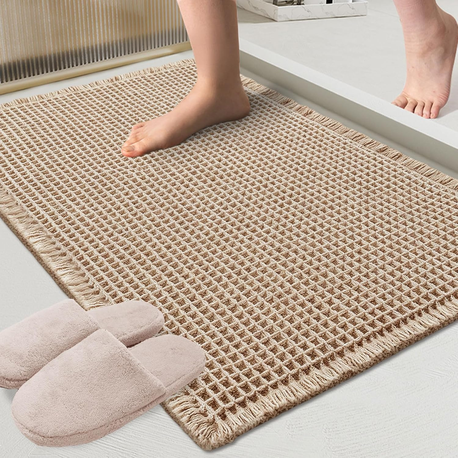 Waffle Bath Mat Boho Bathroom Mat Ultra Absorbent Non Slip 18x30 Tan | Amazon (US)
