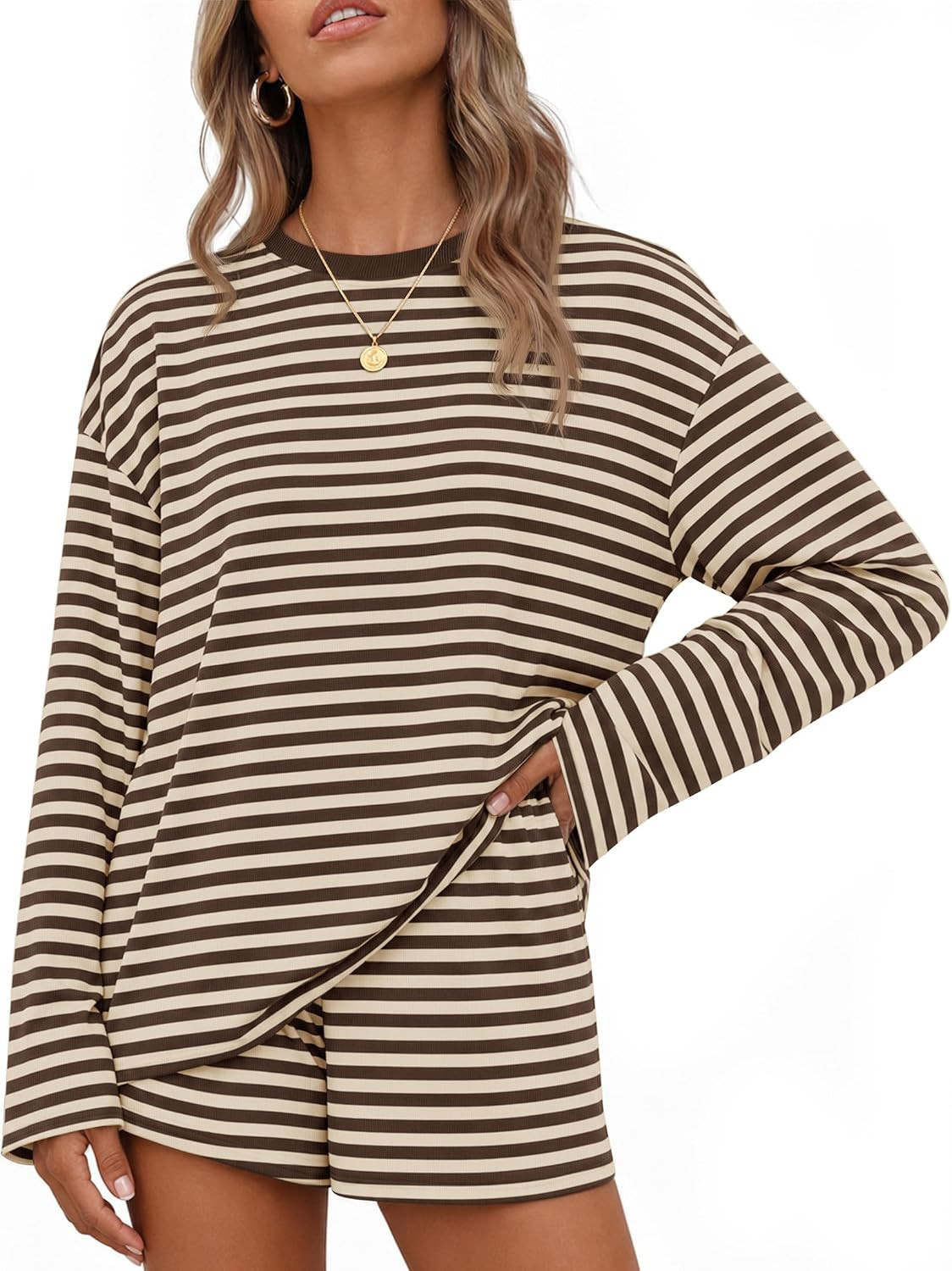 ZESICA Womens 2 Piece Striped Short Sets Fall Lounge Outfit | Amazon (US)