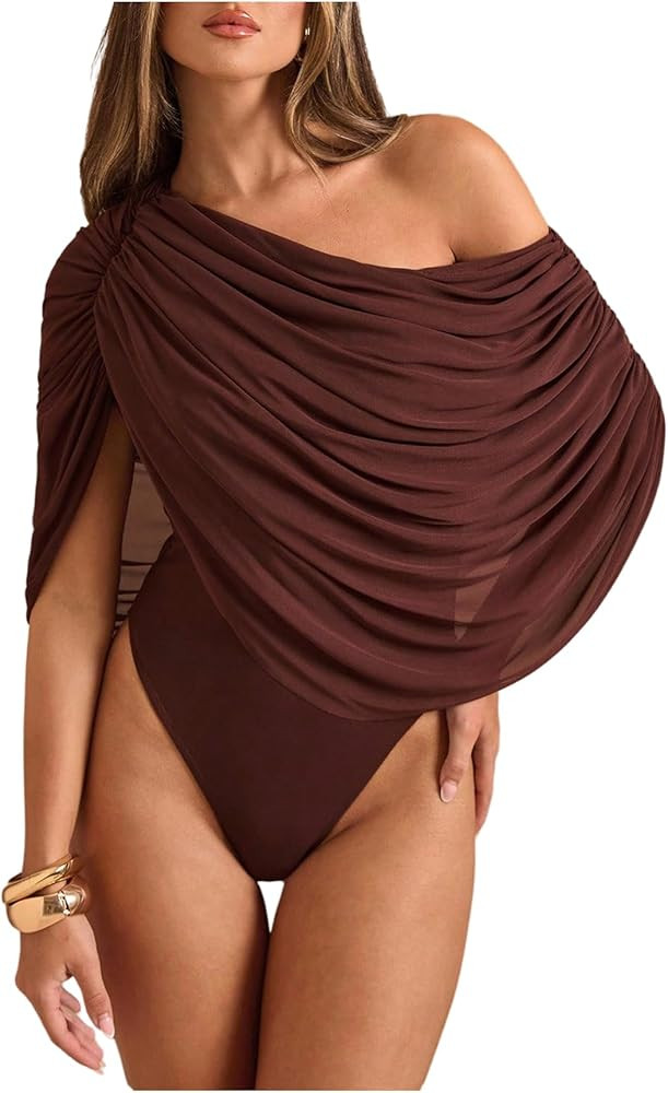 Milumia Women's Ruched Draped Mesh Off The Shoulder Bodysuit Asymmetrical Short Sleeve Leotard To... | Amazon (US)