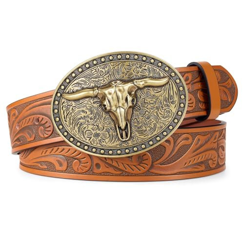 LALATCH Cowboy Belt Western Belts for Men Women Cowgirl Rodeo Large Bull Buckle Western Leather Belt for Jeans, Brown | Amazon (US)