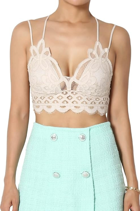 TheMogan Women's Padded Lace Bralette Cross Strap & Stretchy Smocked Back Crochet Bra Crop Top | Amazon (US)