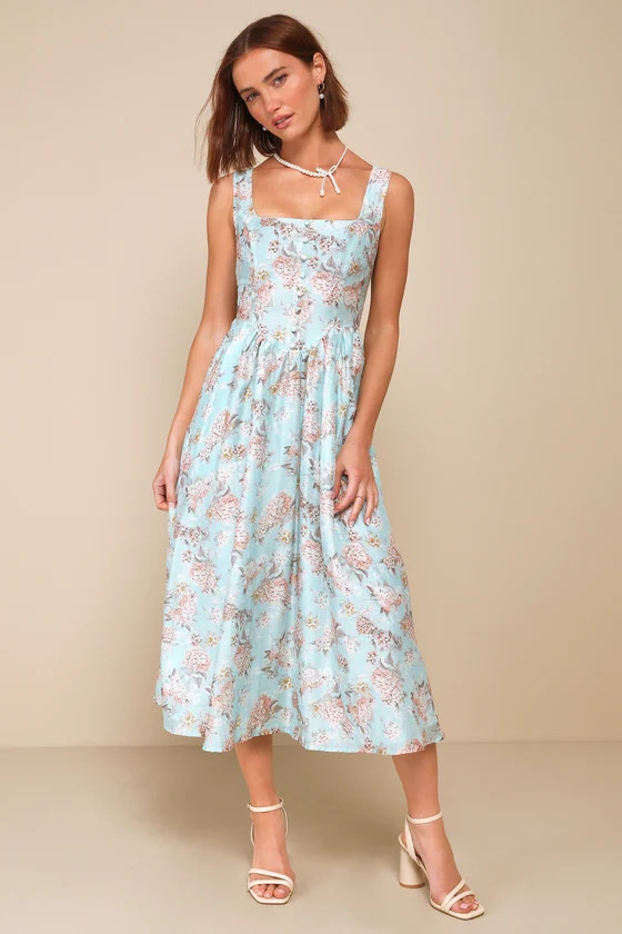 Darling Adoration Light Blue Floral Midi Dress With Pockets | Lulus