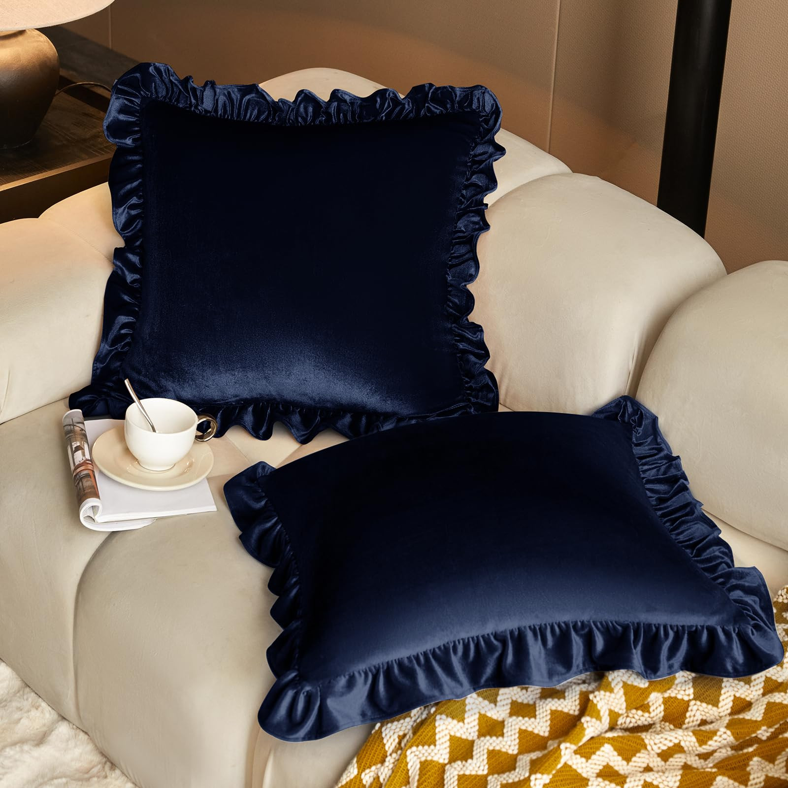 KKJIAF Navy Blue Velvet Throw Pillow Covers 20 x 20 Inch Set of 2, Ruffle Euro Pillow Shams Velve... | Amazon (US)