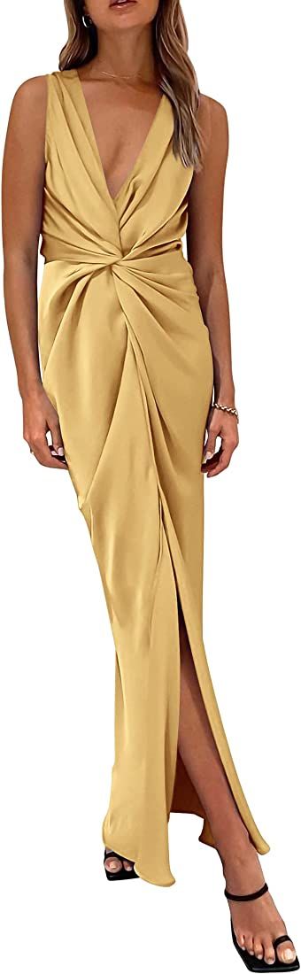 PRETTYGARDEN Women's Satin Ruched Bodycon Dress Summer 2023 Twist Front V Neck Sleeveless Split M... | Amazon (US)