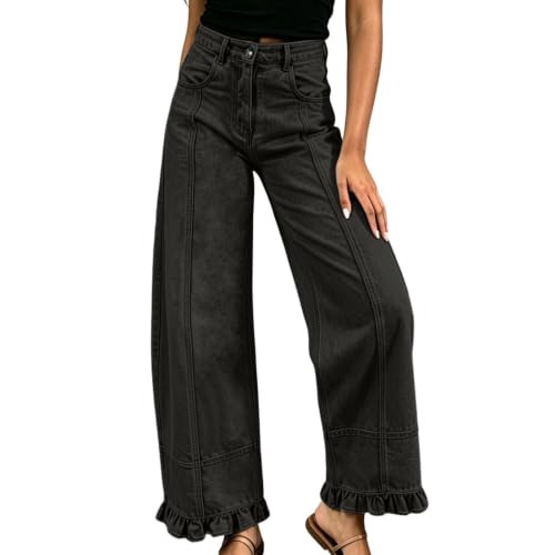 Wide Leg Jeans For Women High Waist Ruffle Hem Baggy Trendy Denim Pants | Amazon (US)