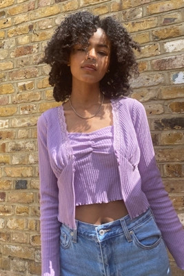 UO Ribbed Lace Cardigan & Cami Twin Set | Urban Outfitters (EU)