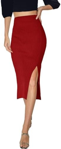 v28 Women Side Split Midi High Waisted Stretchy Ribbed Bodycon Casual Knit Pencil Skirt | Amazon (US)