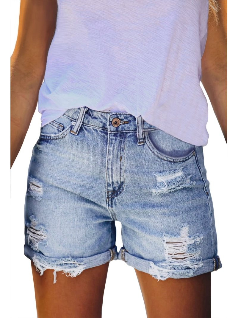 Pink Queen Women Summer Denim Shorts Mid Rise Ripped Faryed Hem Distressed Strectch Short Jeans S... | Walmart (US)
