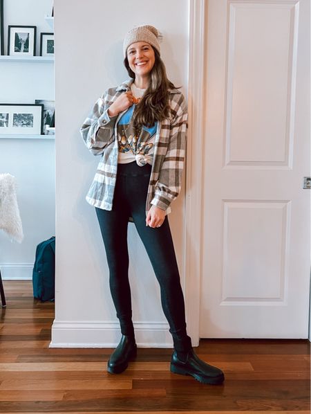 Leggings: TTS (small) but suck you in so go up a size if you want roomy 

Sweatshirt: oversized, also went up to size M for more oversized fit! 

Boots: TTS for me, some reviews say to go up if you’re in between 

Flannels: both TTS (smalls) 

Tee sold out, linking similar 

Hat is old! 

#LTKSeasonal