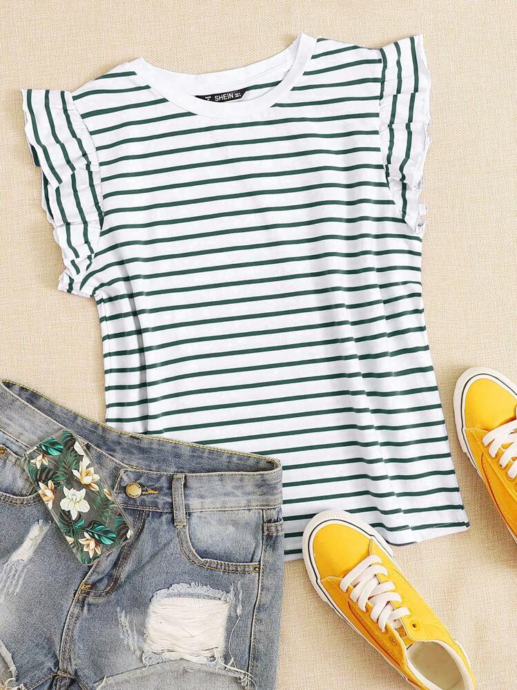 Soleia Striped Ruffle Trim Decor Short Sleeve T-Shirt | SHEIN