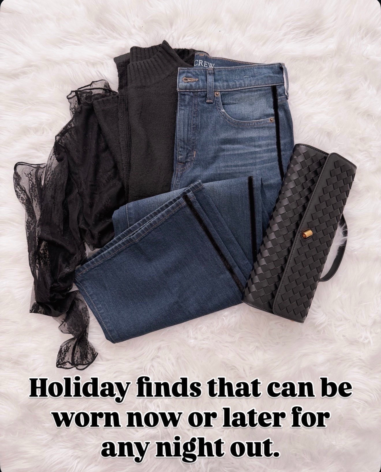 I love holiday pieces that don’t feel like “holiday.” These work just as well with jeans for dinner now as they will dressed up later in the season.

holiday outfit ideas, night out pieces, versatile wardrobe staples, black lace top, wide leg jeans, casual chic style over 40, elevated evening look

#LTKSeasonal #LTKHoliday #LTKOver40