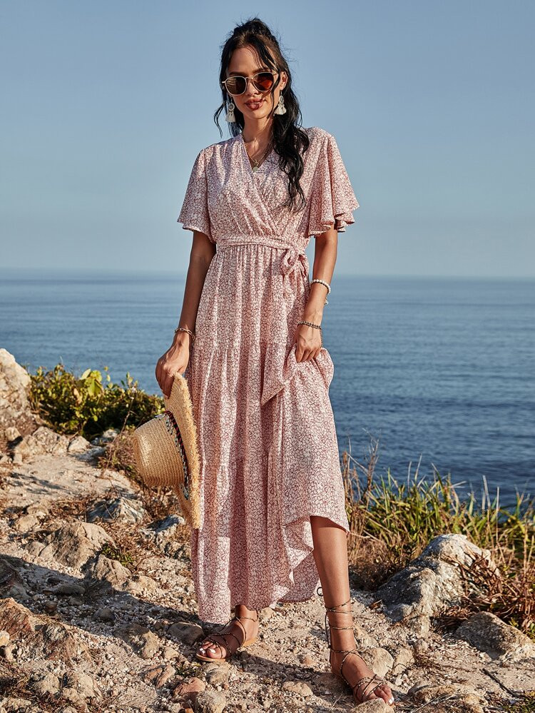 Ditsy Floral Print Ruffle Hem Belted Dress | SHEIN