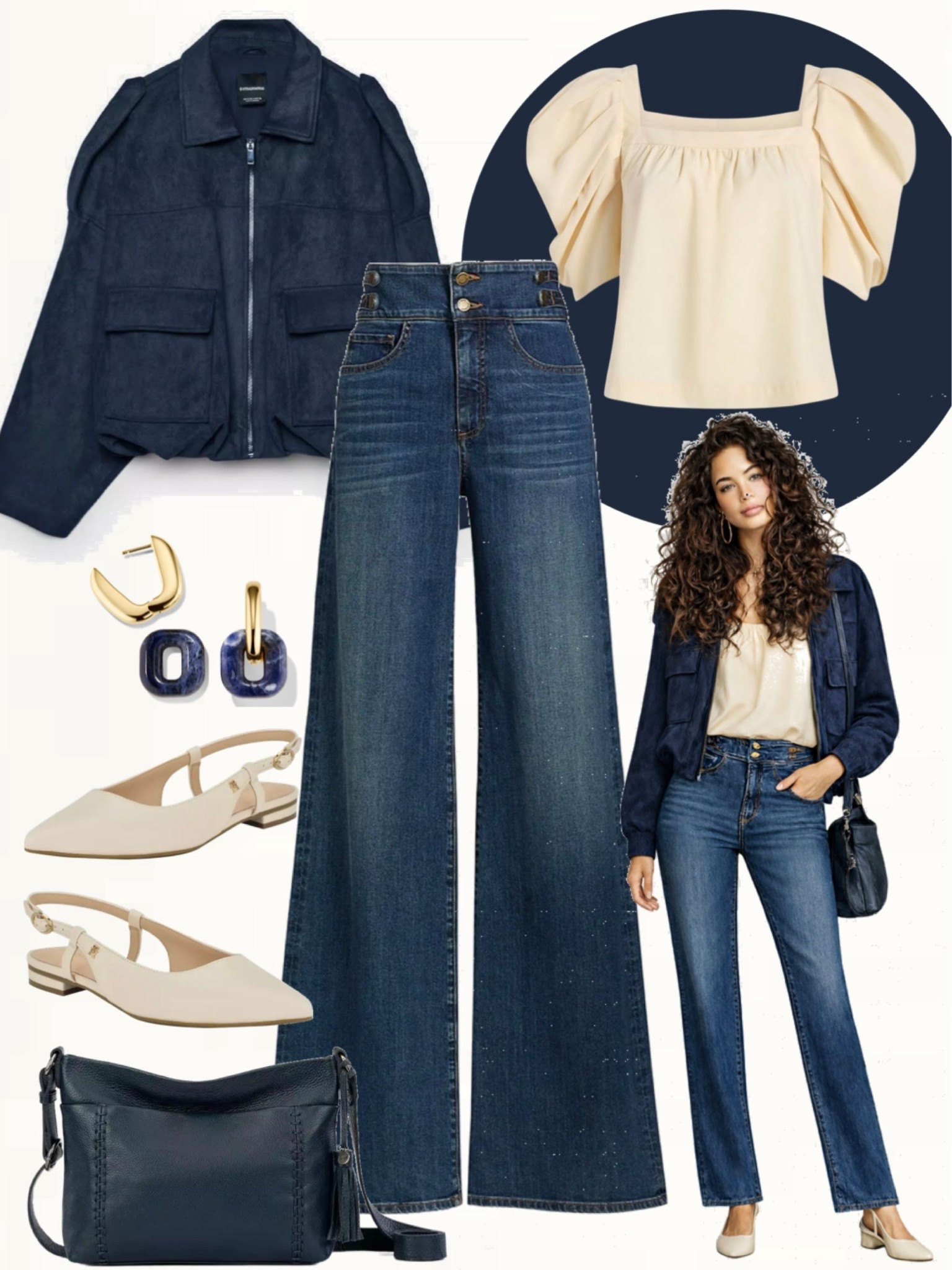 Navy suede bomber jacket styled with dark wash straight leg jeans and a soft cream puff sleeve top. Finished with beige slingback flats, a navy shoulder bag, and gold and blue statement earrings.
#everydaystyle #denimoutfit #springlooks

#LTKOver40 #LTKSeasonal #LTKootd