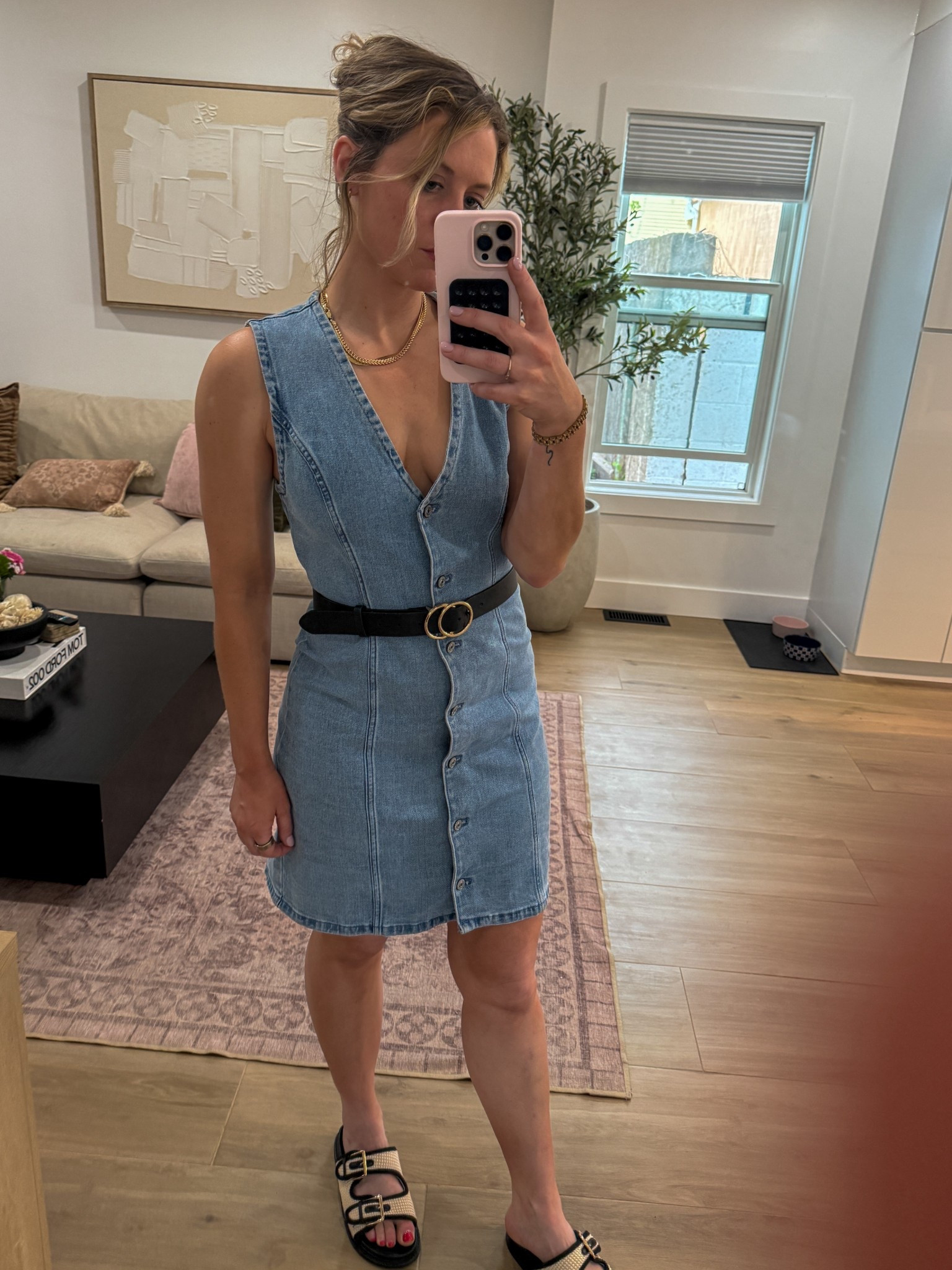 Denim days done right — loving this button-down denim dress moment! Perfect for spring-to-summer style. Easy, breezy, and elevated with gold accents and a double-ring belt. denim dress, jean outfit, button-down denim, spring fashion, summer style, casual look, belted dress, gold accessories, neutral outfit, everyday style, effortless chic, weekend wear, amazon fashion, wardrobe staples, casual denim look 

#LTKStyleTip #LTKSeasonal #LTKFindsUnder50